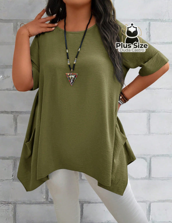 Camisas Folgadas de Manga Curta e Bolsos Duplos Extra Longa Plus Size Várias Cores Camisas Folgadas de Manga Curta e