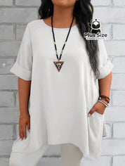 Camisas Folgadas de Manga Curta e Bolsos Duplos Extra Longa Plus Size Várias Cores Camisas Folgadas de Manga Curta e