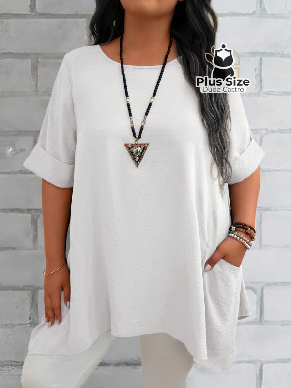 Camisas Folgadas de Manga Curta e Bolsos Duplos Extra Longa Plus Size Várias Cores Camisas Folgadas de Manga Curta e