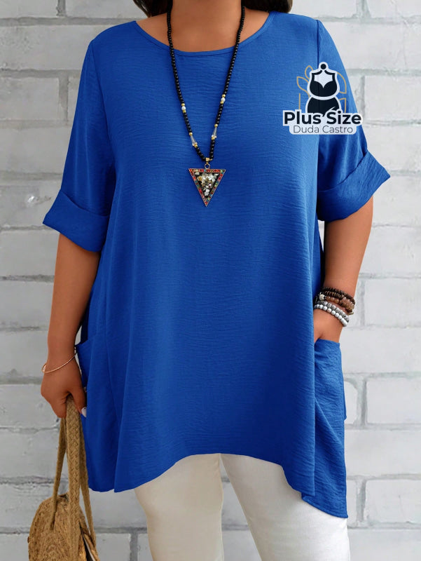 Camisas Folgadas de Manga Curta e Bolsos Duplos Extra Longa Plus Size Várias Cores G1 / Azul Camisas Folgadas de Manga