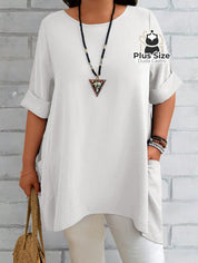 Camisas Folgadas de Manga Curta e Bolsos Duplos Extra Longa Plus Size Várias Cores G1 / Branco Camisas Folgadas de