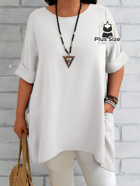 Camisas Folgadas de Manga Curta e Bolsos Duplos Extra Longa Plus Size Várias Cores G1 / Branco Camisas Folgadas de