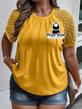 Camiseta Renda De Contraste Manga Raglan Plus Size G / Amarelo Blusa