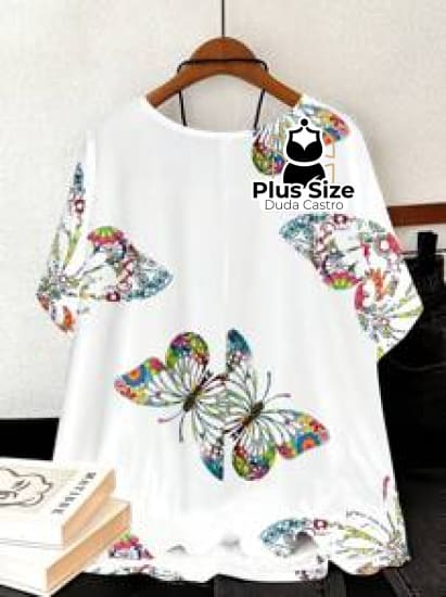 Camiseta Plus Size G Ao G5 Solta Com Borboletas Blusa