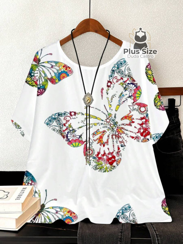 Camiseta Plus Size G Ao G5 Solta Com Borboletas Blusa