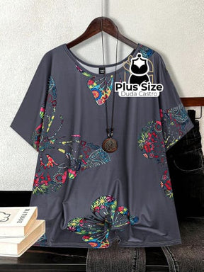 Camiseta Solta Com Borboletas Plus Size G / Cinza Blusa