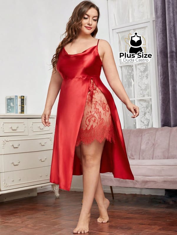 Plussize Camisola De Cetim E Renda Sensual 1Xl / Vermelho