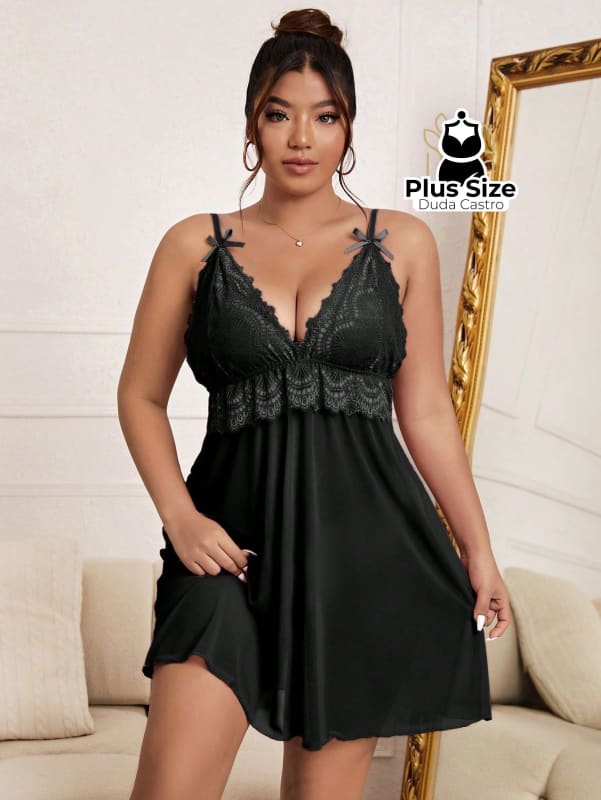 Plussize Camisola Renda E Malha Fria G1 / Preto