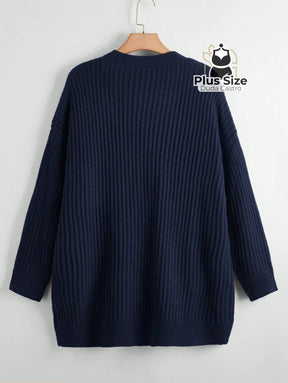 Cardigan de Tricô com Bolsos Várias Cores Plus Size Azul Marinho / G Cardigan de Tricô com Bolsos Várias Cores Plus Size