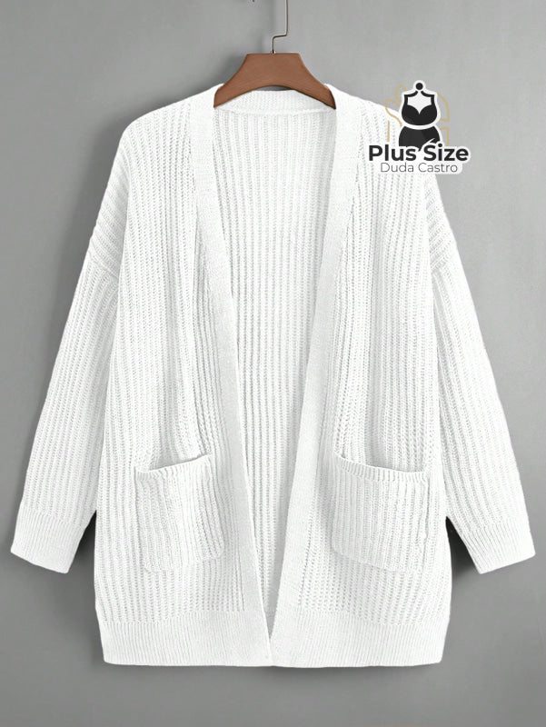 Cardigan de Tricô com Bolsos Várias Cores Plus Size Branco / G Cardigan de Tricô com Bolsos Várias Cores Plus Size
