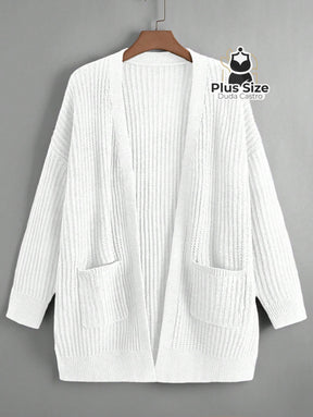 Cardigan de Tricô com Bolsos Várias Cores Plus Size Branco / G Cardigan de Tricô com Bolsos Várias Cores Plus Size