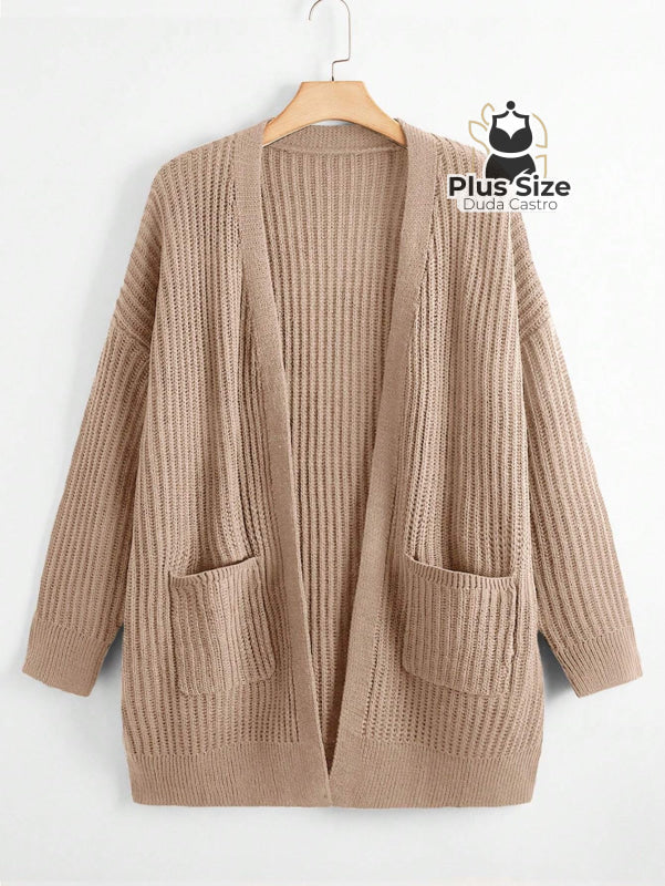 Cardigan de Tricô com Bolsos Várias Cores Plus Size Caqui / G Cardigan de Tricô com Bolsos Várias Cores Plus Size