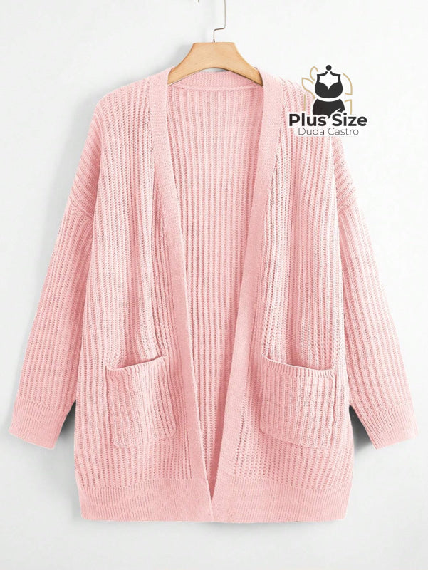 Cardigan de Tricô com Bolsos Várias Cores Plus Size Rosa / G Cardigan de Tricô com Bolsos Várias Cores Plus Size