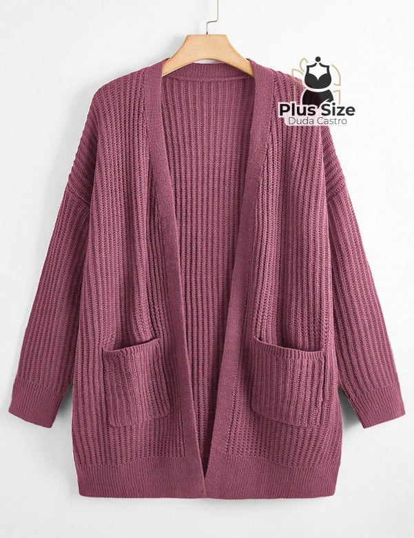  G Cardigan de Tricô com Bolsos Várias Cores Plus Size