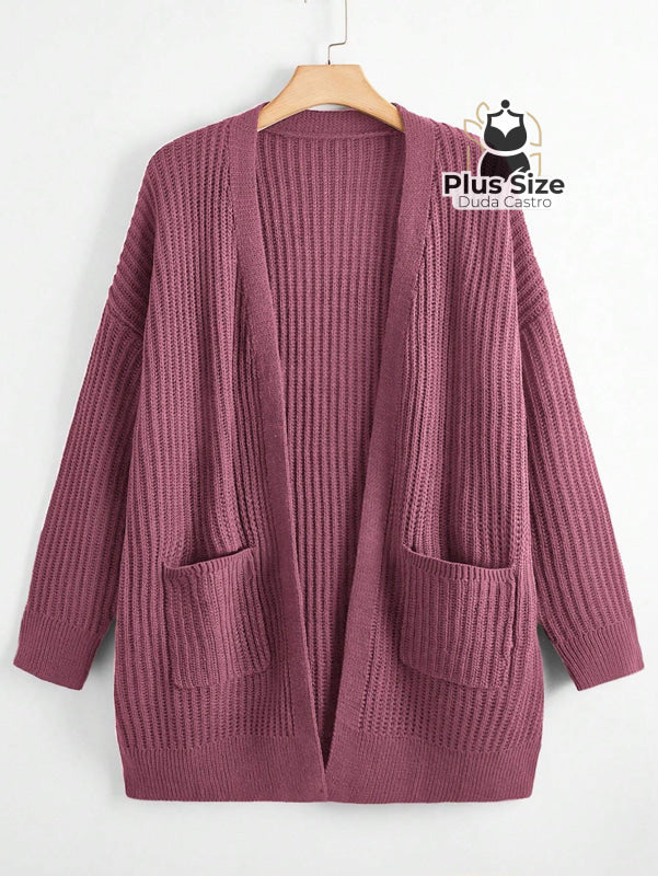 Cardigan de Tricô com Bolsos Várias Cores Plus Size Roxo / G Cardigan de Tricô com Bolsos Várias Cores Plus Size