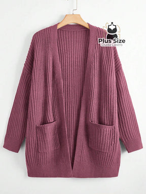 Cardigan de Tricô com Bolsos Várias Cores Plus Size Roxo / G Cardigan de Tricô com Bolsos Várias Cores Plus Size