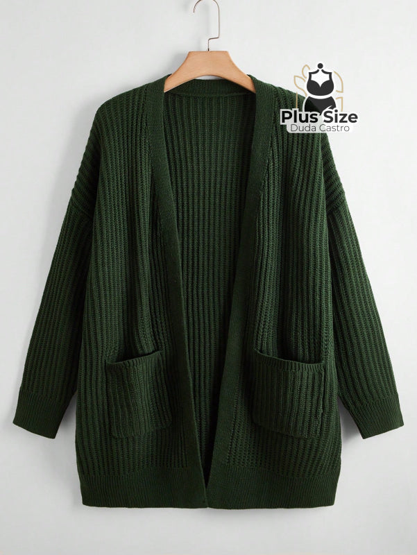 Cardigan de Tricô com Bolsos Várias Cores Plus Size Verde Escuro / G Cardigan de Tricô com Bolsos Várias Cores Plus Size