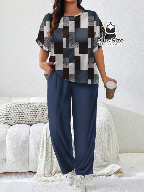 Conjunto Blusa Estamapda E Calça Lisa Plus Size – Conforto Estilo Atitude Listrada Estampada Com