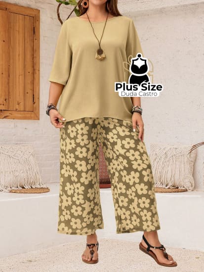 Conjunto Blusa Gola Redonda E Calça Estampada Floral De Perna Larga Plus Size