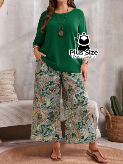 Conjunto Blusa Gola Redonda E Calça Estampada Floral De Perna Larga Plus Size