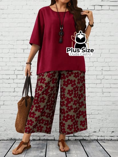 Conjunto Blusa Gola Redonda E Calça Estampada Floral De Perna Larga Plus Size