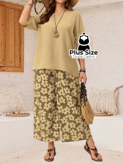 Conjunto Blusa Gola Redonda E Calça Estampada Floral De Perna Larga Plus Size