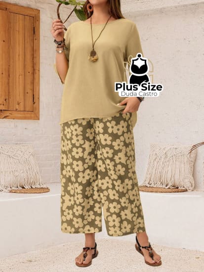 Conjunto Blusa Gola Redonda E Calça Estampada Floral De Perna Larga Plus Size