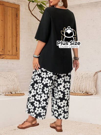 Conjunto Blusa Gola Redonda E Calça Estampada Floral De Perna Larga Plus Size