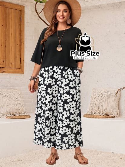 Conjunto Blusa Gola Redonda E Calça Estampada Floral De Perna Larga Plus Size