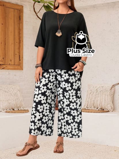 Conjunto Blusa Gola Redonda E Calça Estampada Floral De Perna Larga Plus Size