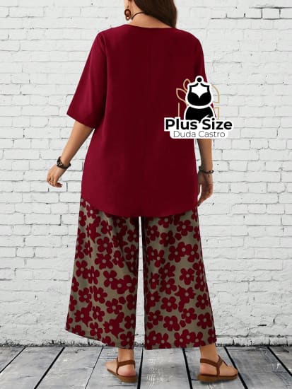 Conjunto Blusa Gola Redonda E Calça Estampada Floral De Perna Larga Plus Size