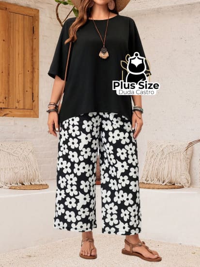 Conjunto Blusa Gola Redonda E Calça Estampada Floral De Perna Larga Plus Size