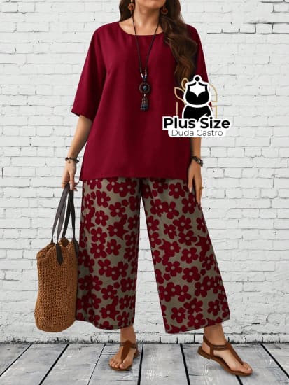 Conjunto Blusa Gola Redonda E Calça Estampada Floral De Perna Larga Plus Size