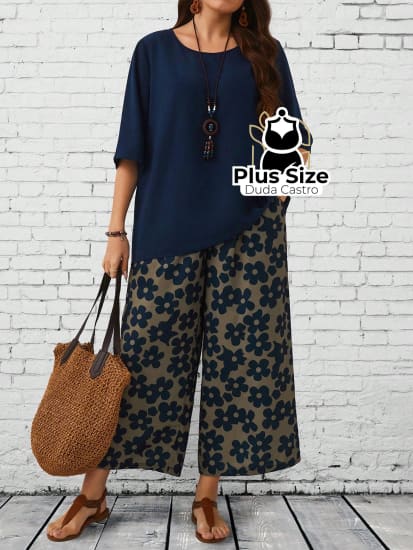 Conjunto Blusa Gola Redonda E Calça Estampada Floral De Perna Larga Plus Size G / Azul