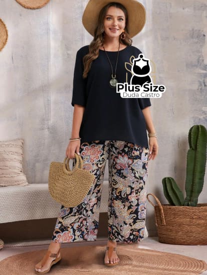 Conjunto Blusa Gola Redonda E Calça Estampada Floral De Perna Larga Plus Size