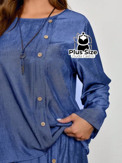 Conjunto Calça E Blusa De Manga Comprida Detalhes Botões Plus Size Sueter