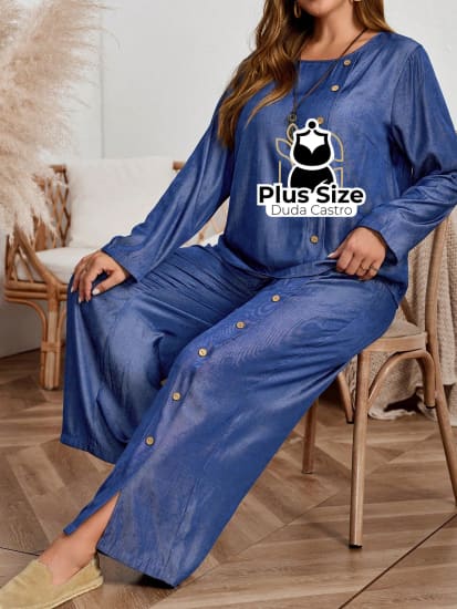 Conjunto Calça E Blusa De Manga Comprida Detalhes Botões Plus Size Sueter