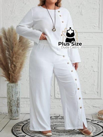 Conjunto Calça E Blusa De Manga Comprida Com Detalhes Em Botões Várias Cores Plus Size G / Branco