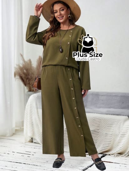 Conjunto Calça E Blusa De Manga Comprida Detalhes Botões Plus Size G / Verde Militar Sueter