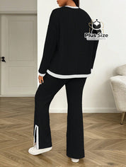 Conjunto Calça e Blusa de Manga Longa Canelada com Detalhes em Contraste Conjunto Calça e Blusa de Manga Longa Canelada