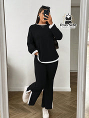 Conjunto Calça e Blusa de Manga Longa Canelada com Detalhes em Contraste G / Preto Conjunto Calça e Blusa de Manga