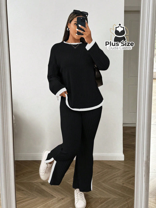 Conjunto Calça e Blusa de Manga Longa Canelada com Detalhes em Contraste G / Preto Conjunto Calça e Blusa de Manga