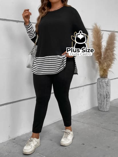 Conjunto Calça E Blusa Manga Longa Com Detalhe De Listras