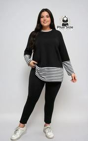 Conjunto Calça e Blusa Manga Longa Detalhe Listrado Plus Size G Conjunto Calça e Blusa Manga Longa Detalhe Listrado