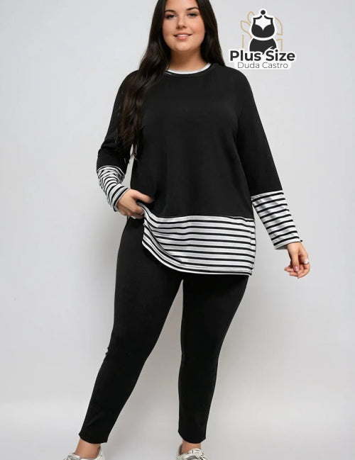 Conjunto Calça e Blusa Manga Longa Detalhe Listrado Plus Size G Conjunto Calça e Blusa Manga Longa Detalhe Listrado