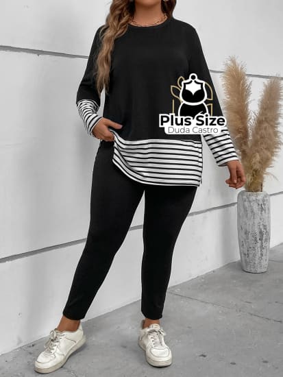 Conjunto Calça E Blusa Manga Longa Com Detalhe De Listras