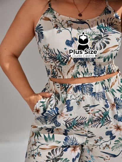 Conjunto Calça E Cropped Plus Size Short Blusa