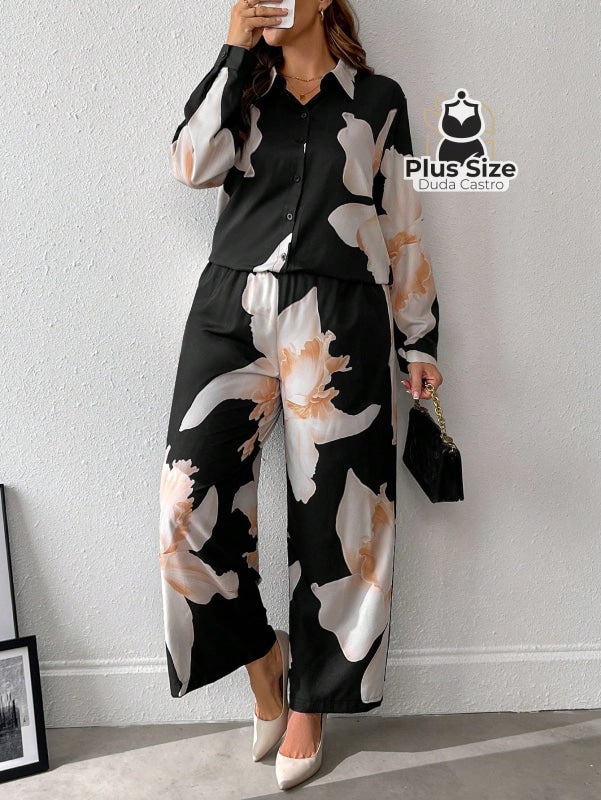 Conjunto Camisa Com Botõtes Manga Longa E Calça Plus Size