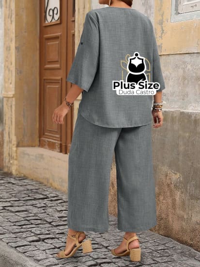 Conjunto Camisa De Manga Dobrada Com Botões Calça Solta Perna Larga Calça