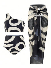 Conjunto De 3 Peças Biquíni E Pareô Plus Size Várias Estampas 0Xl / Preto Off White